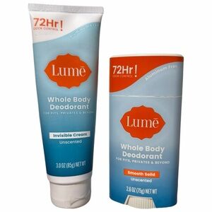2 x LUME Whole Body Deodorant UNSCENTED Cream & Solid Stick 72hr Odor Control
